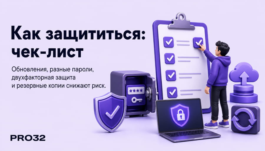 Чек-лист защиты от хакеров: двухфакторная аутентификация, обновления, антивирус, сложные пароли.