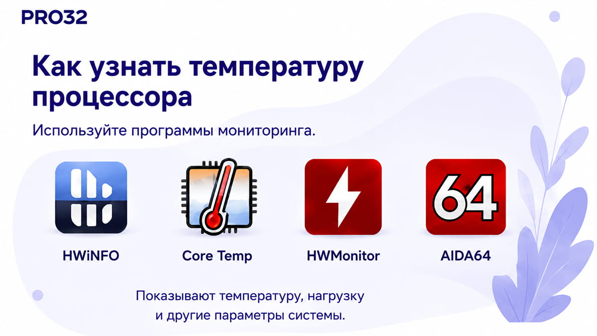 Иконки программ HWiNFO, Core Temp, HWMonitor и AIDA64 для проверки температуры процессора