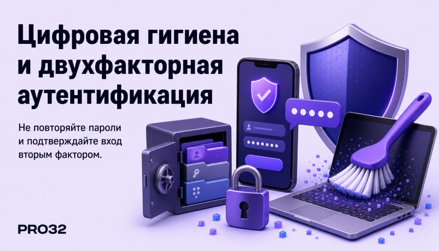 Значки менеджера паролей, замка, двухфакторной аутентификации и щита — базовые инструменты защиты.