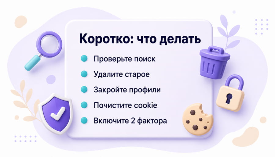 Карточка с пятью пунктами: проверить поиск, удалить старое, закрыть профили, почистить cookie и включить двухфакторную аутентификацию.