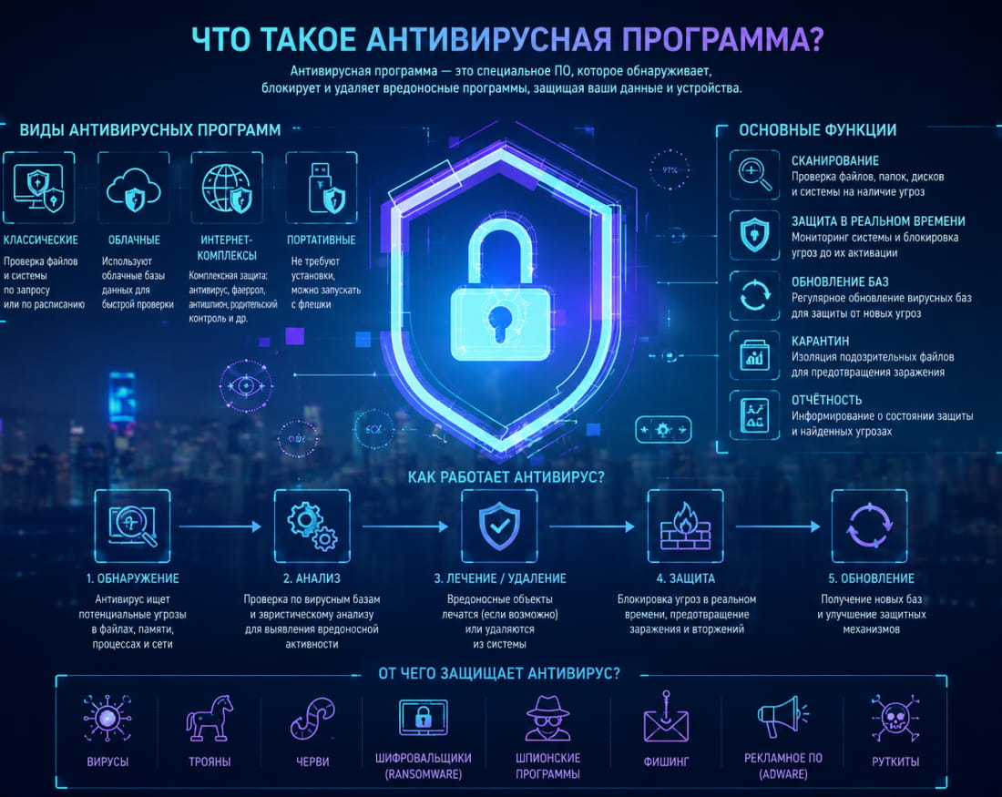 Антивирусная программа обнаруживает и блокирует вредоносные угрозы на компьютере