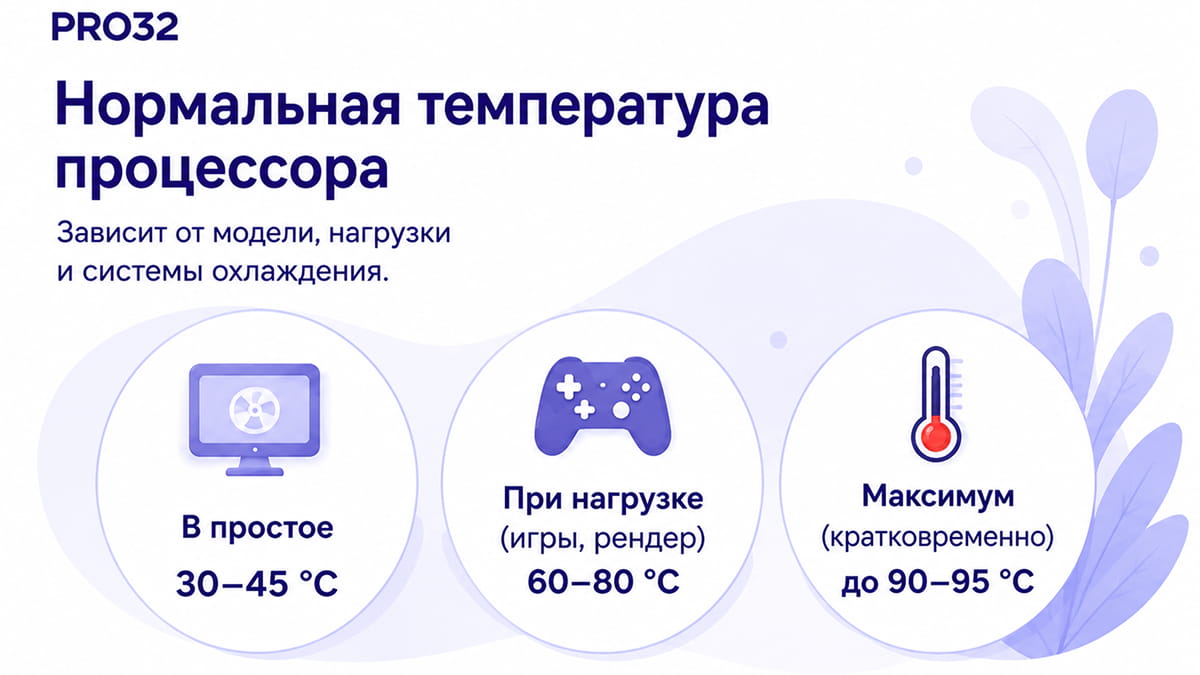 Инфографика с нормальной температурой процессора в простое, под нагрузкой и при кратковременном максимуме