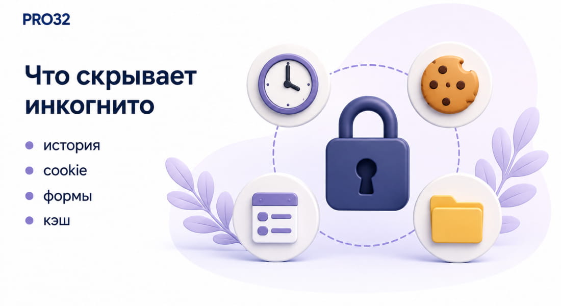 Четыре иконки — история, куки, формы, кэш — перечёркнутые значком приватности.