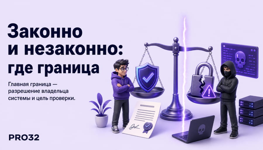 Специалист по кибербезопасности за ноутбуком с символикой щита и замка — этичный хакинг.