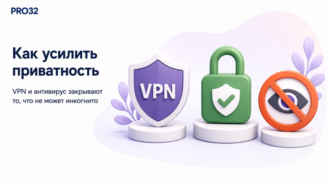 Значки VPN, блокировщика трекеров и антивируса вокруг иконки приватного окна браузера.