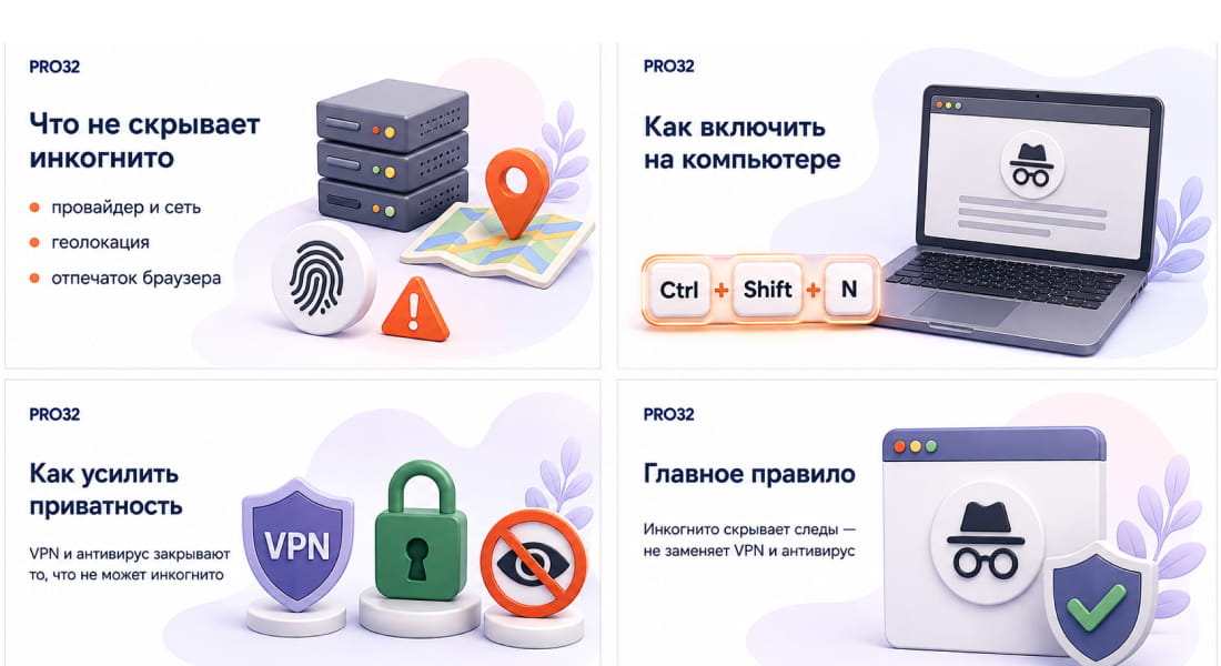 Иконки провайдера, IP-адреса и цифрового отпечатка устройства, видимые несмотря на инкогнито.
