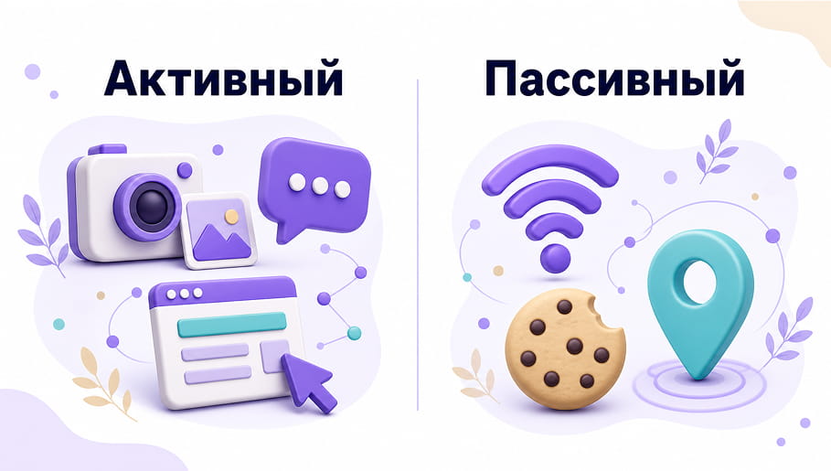 Две колонки с активным и пассивным цифровым следом: камера, чат и форма слева, Wi-Fi, cookie и геометка справа.