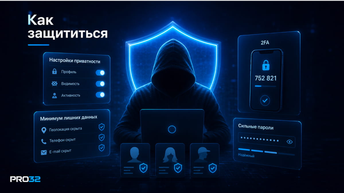 Пользователь за ноутбуком под цифровым щитом с настройками приватности и 2FA