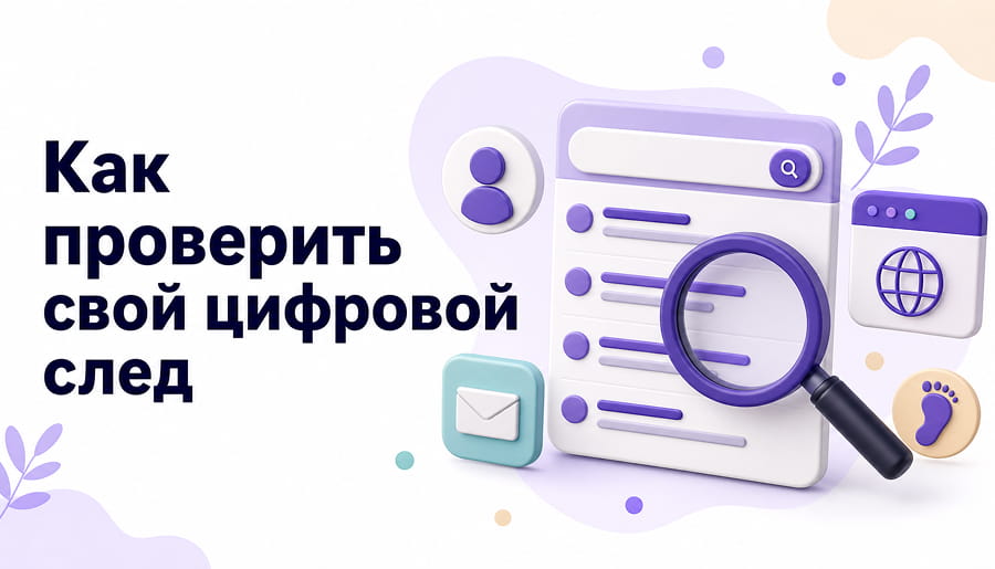 Лупа над стилизованной поисковой выдачей рядом с иконками профиля, письма, браузерной вкладки и цифрового следа.