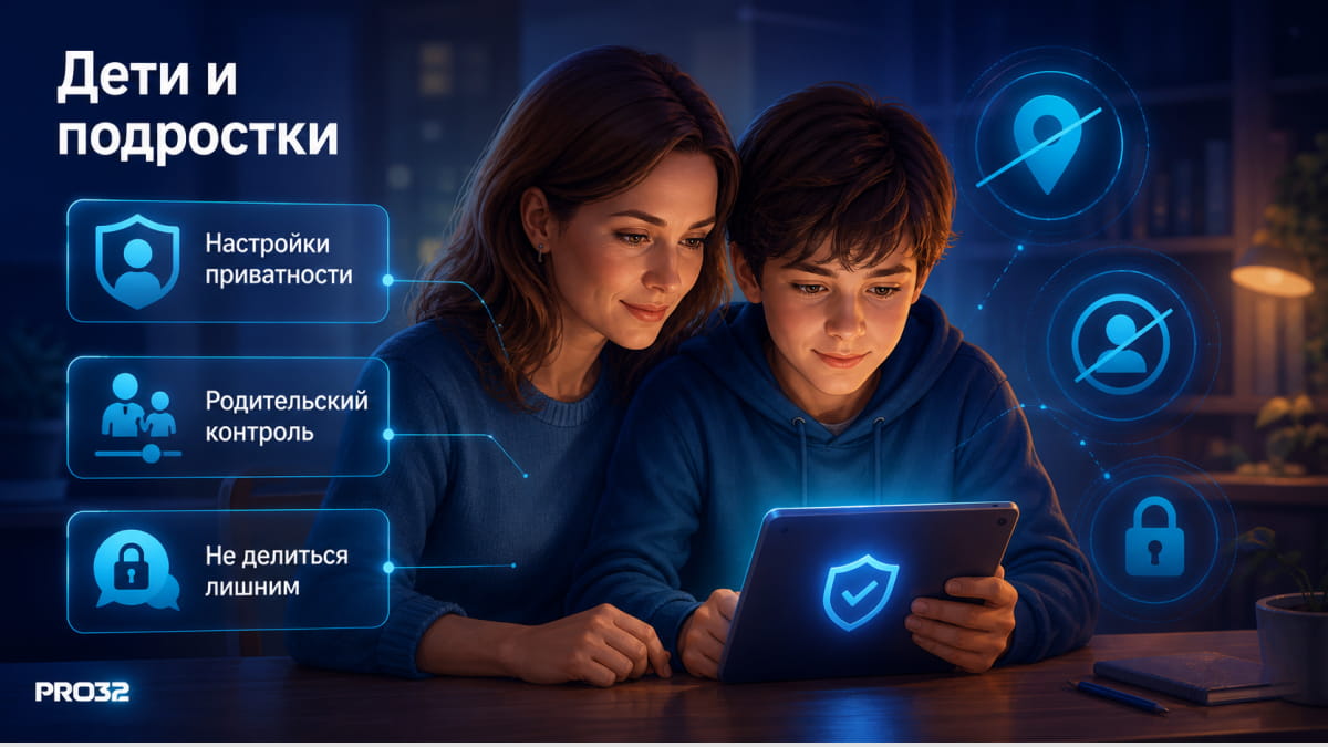 Родитель и подросток смотрят настройки приватности на планшете