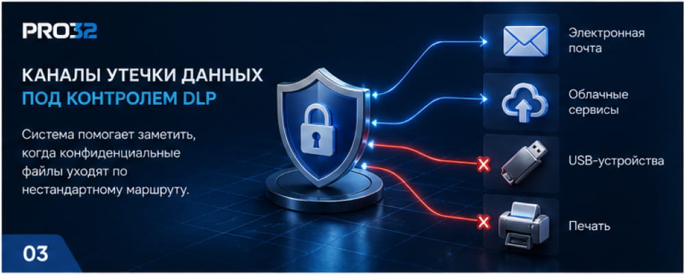 DLP контролирует каналы утечки данных: электронную почту, облачные сервисы, USB-устройства и печать документов.