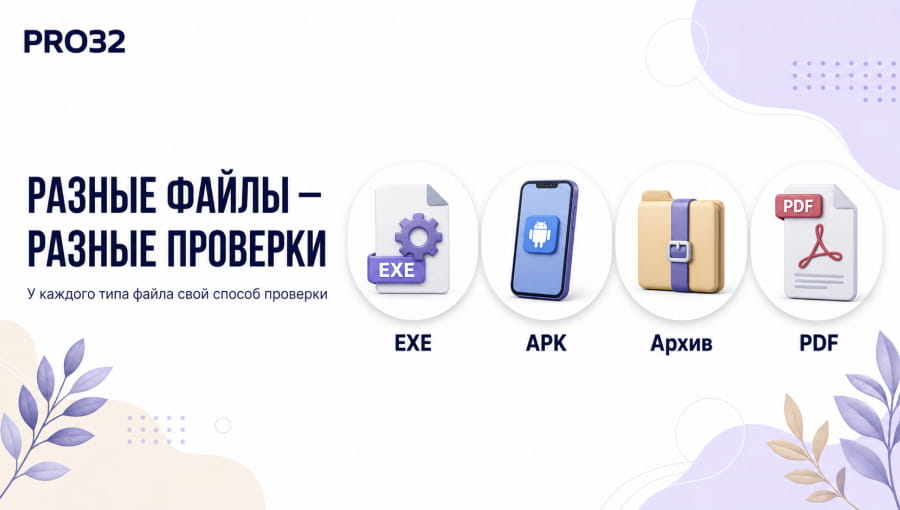 Четыре иконки типов файлов — EXE, APK, архив, PDF