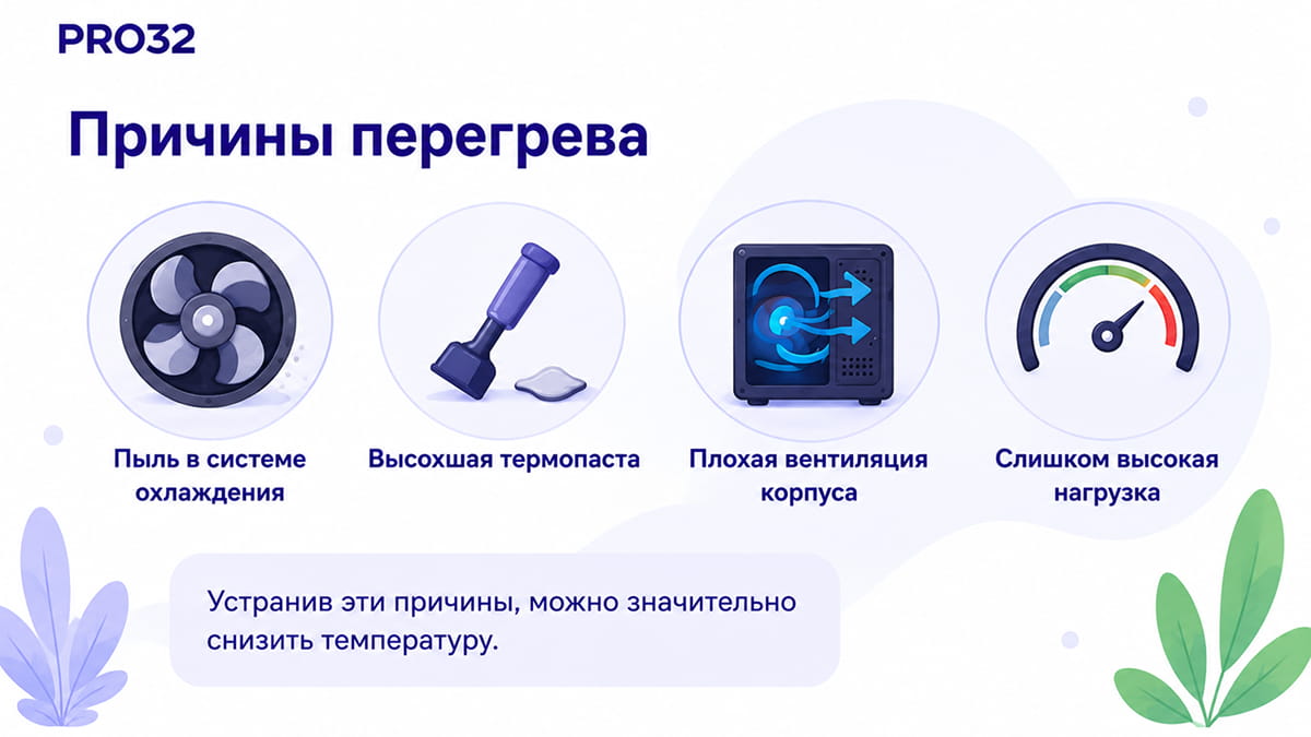 Причины перегрева процессора: пыль, термопаста, плохая вентиляция и высокая нагрузка