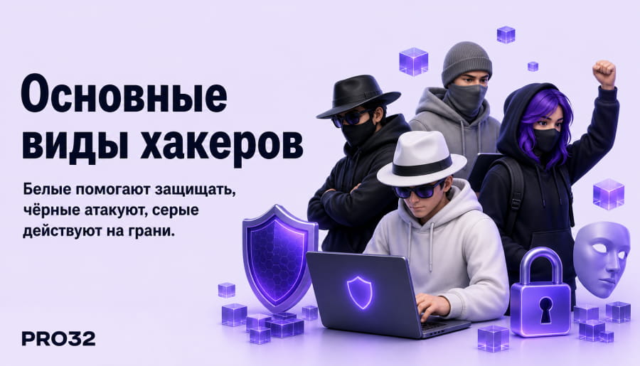 Инфографика с тремя категориями хакеров: белые, серые и чёрные шляпы