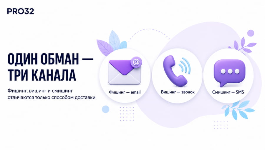 Три карточки: фишинг — email, вишинг — звонок, смишинг — SMS