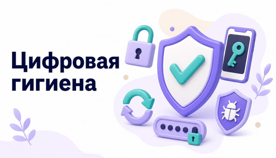 Щит с галочкой, замок, смартфон с ключом, значок антивируса — базовые меры защиты цифрового следа.