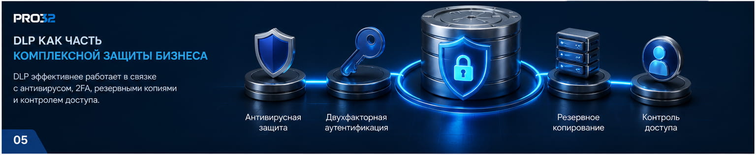 DLP защищает бизнес-данные вместе с антивирусом, двухфакторной аутентификацией, резервным копированием и контролем доступа