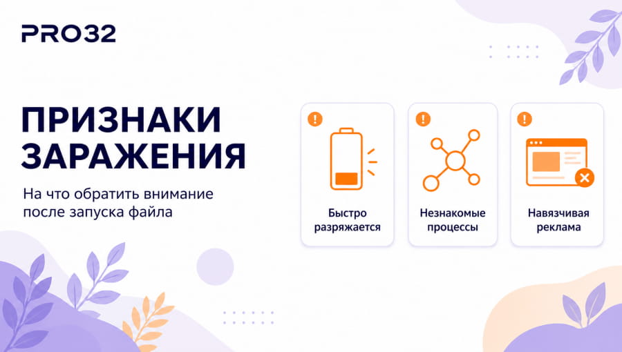 Три карточки с признаками заражения — разряд батареи, незнакомые процессы, реклама