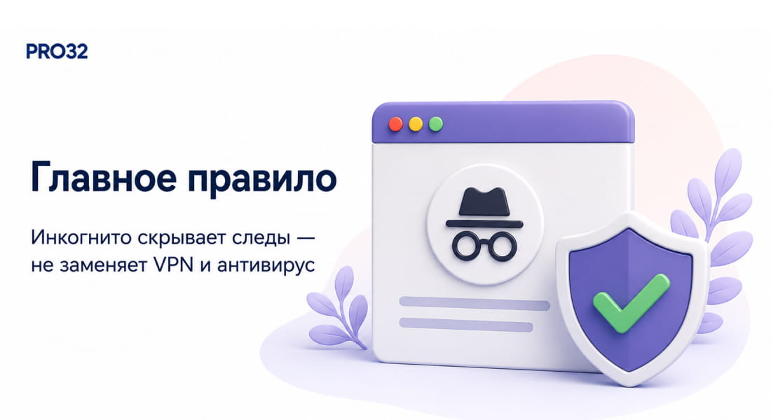 Итоговая иллюстрация: окно инкогнито, VPN и антивирус как три отдельных уровня защиты.