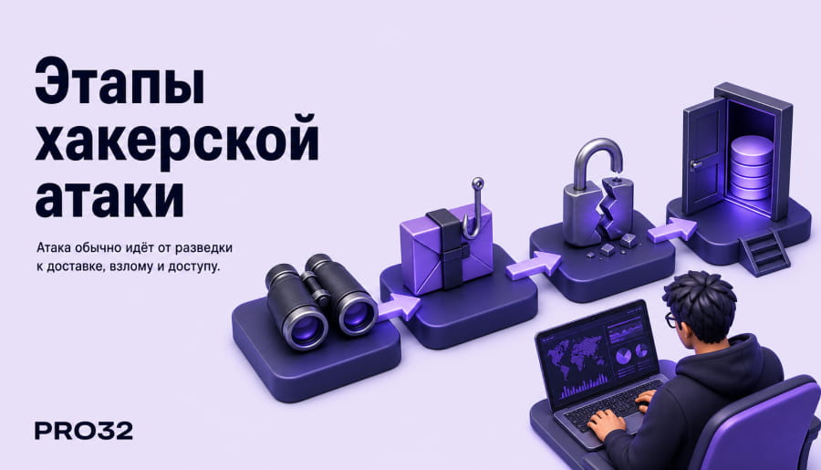 Схема атаки: сканирование, получение доступа, закрепление, эксфильтрация данных — стрелки между этапами.