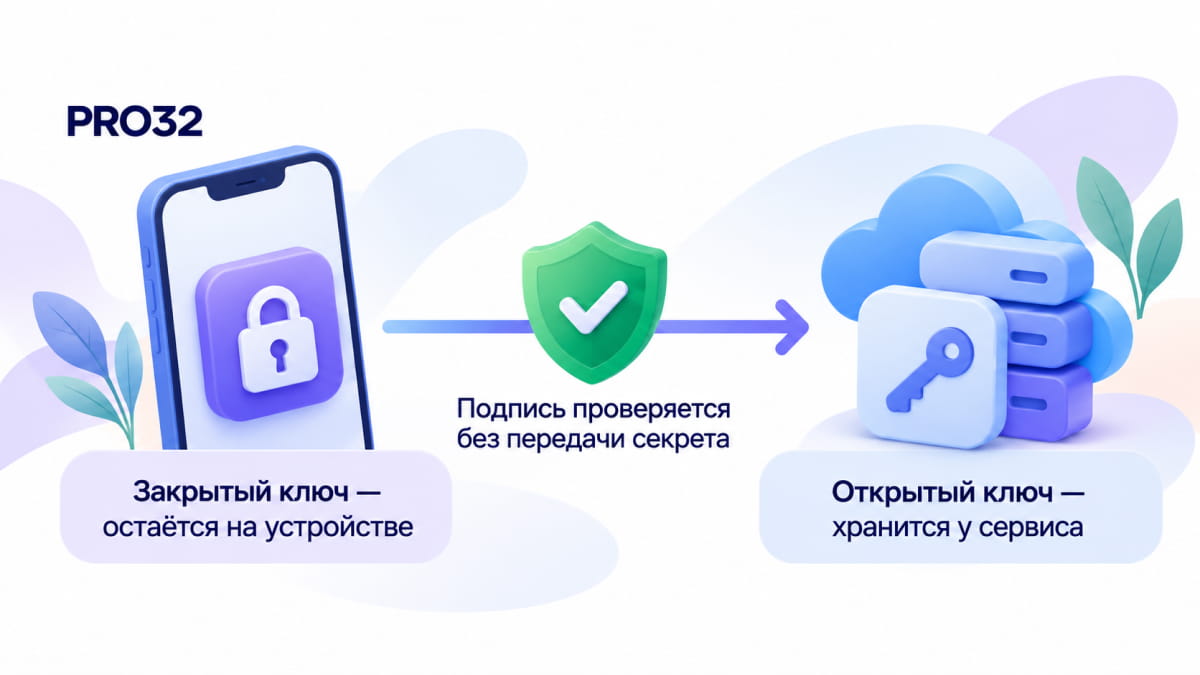 Инфографика асимметричной криптографии passkey: закрытая и открытая половины ключа доступа