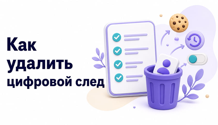 Чеклист с бирюзовыми галочками и корзина с карточкой профиля, рядом иконки cookie, истории и переключателя настроек.