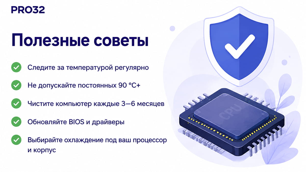 Процессор со щитом и список советов по профилактике перегрева