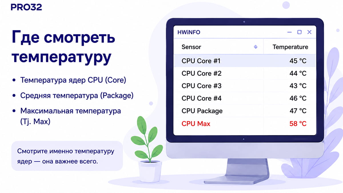 Экран HWiNFO с температурой ядер CPU, CPU Package и CPU Max