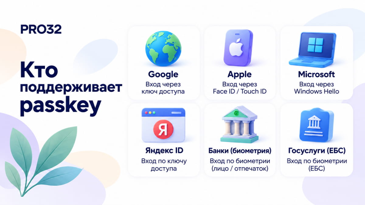 Инфографика поддержки passkey: Google, Apple, Microsoft, Яндекс, банки и Госуслуги